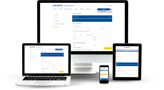 Computer desktop, laptop, tablet and smartphone with Polaris shipping portal on screens